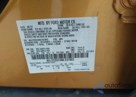 2021 Ford Ecosport Se из США, поврежденный, VIN MAJ3S2GEXMC437003